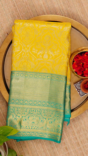 Lemon Yellow and Acqua Green Kanchipuram Silk Saree with Gold Zari | Traditional Big Border Saree