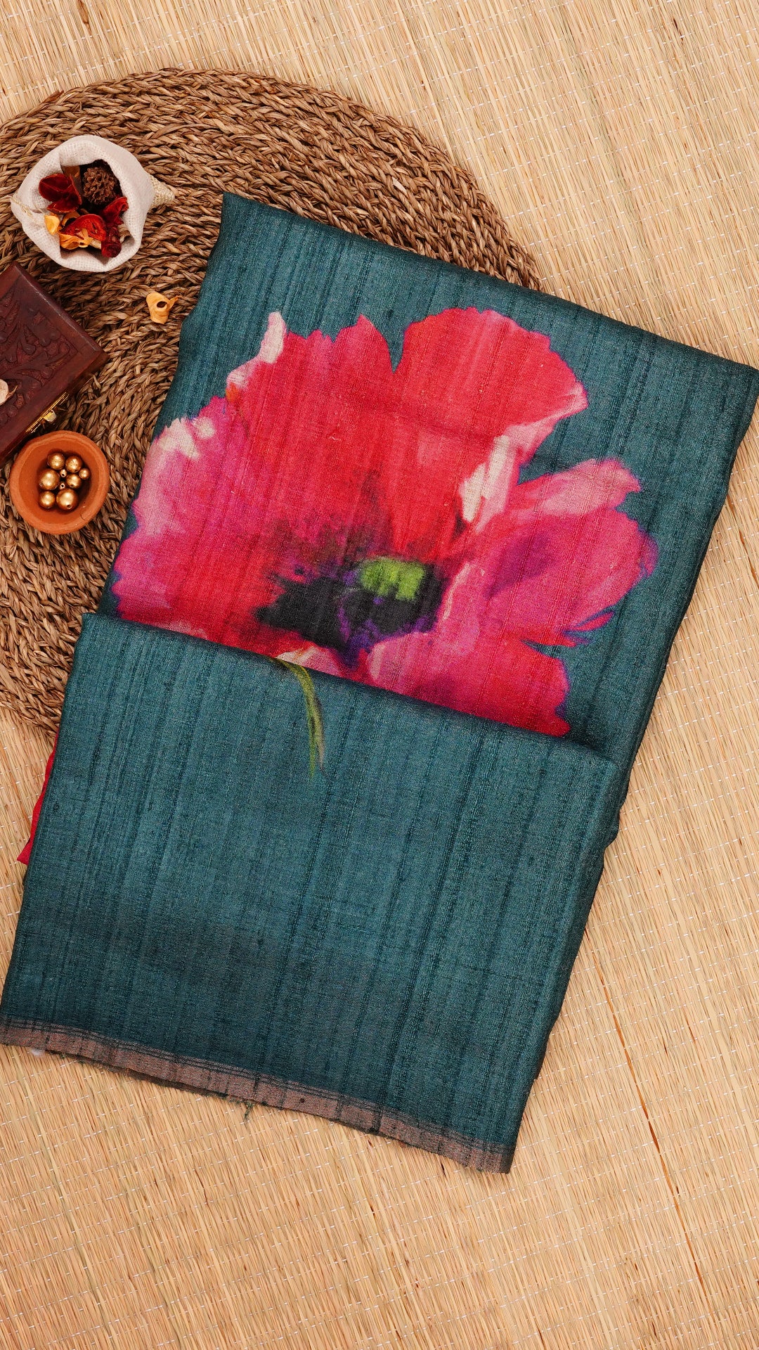 Peacock Green Tusser Silk Saree with Floral Print