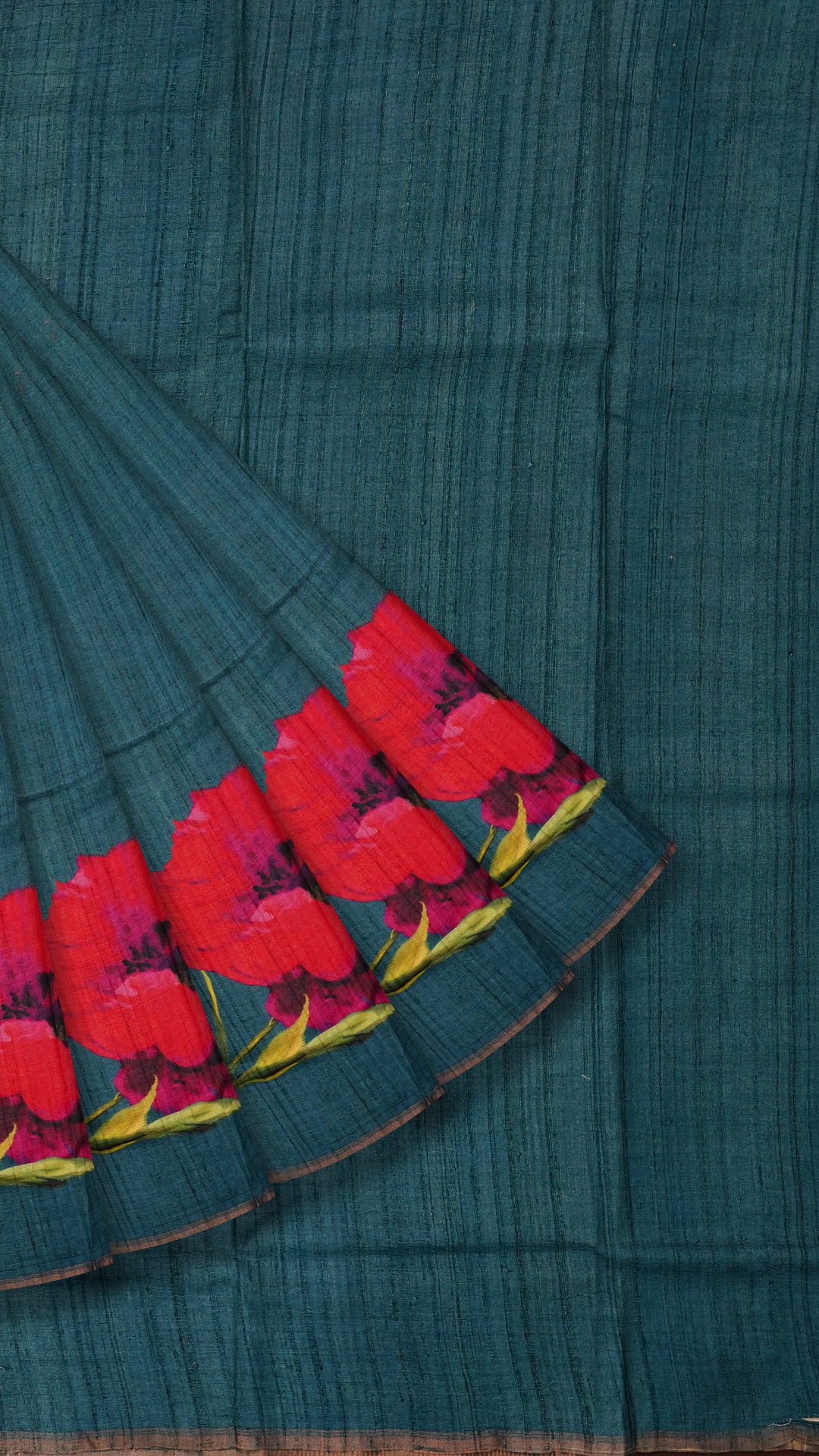 Peacock Green Tusser Silk Saree with Floral Print