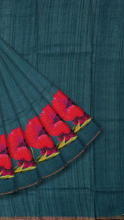 Peacock Green Tusser Silk Saree with Floral Print