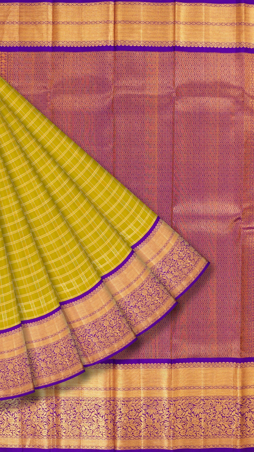 Mehendi Green Kanchipuram Saree with Violet Checks