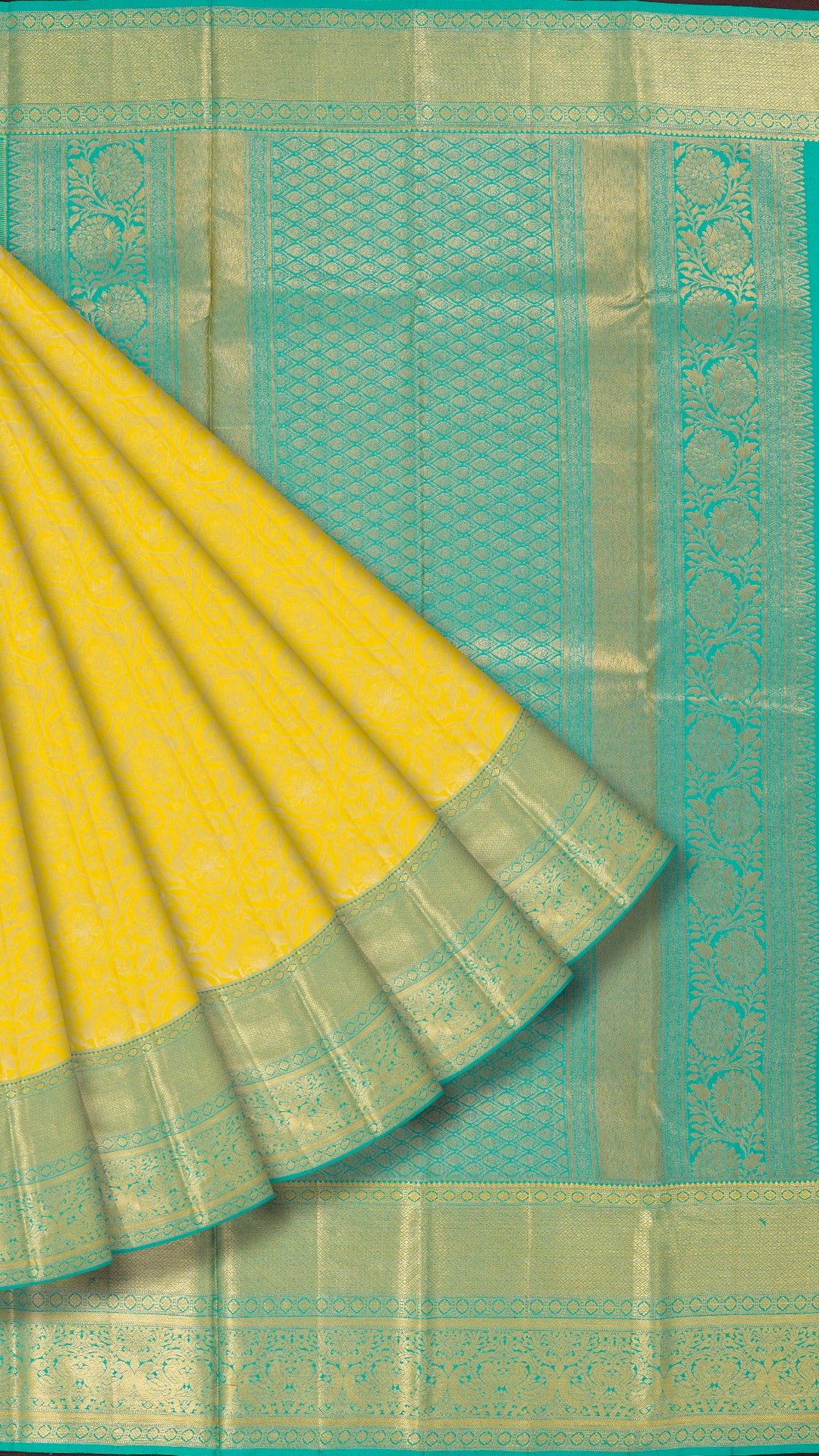 Lemon Yellow and Acqua Green Kanchipuram Silk Saree with Gold Zari | Traditional Big Border Saree