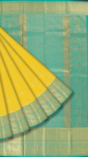 Lemon Yellow and Acqua Green Kanchipuram Silk Saree with Gold Zari | Traditional Big Border Saree