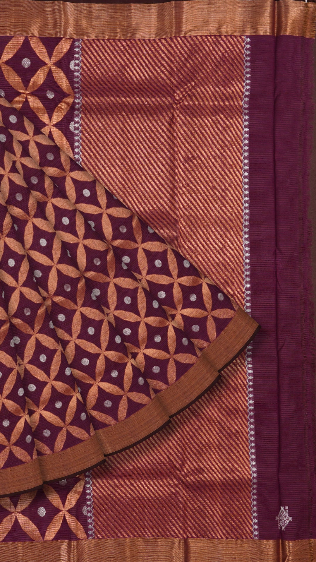Wine Zari Kota Saree with Copper & Silver Buttas