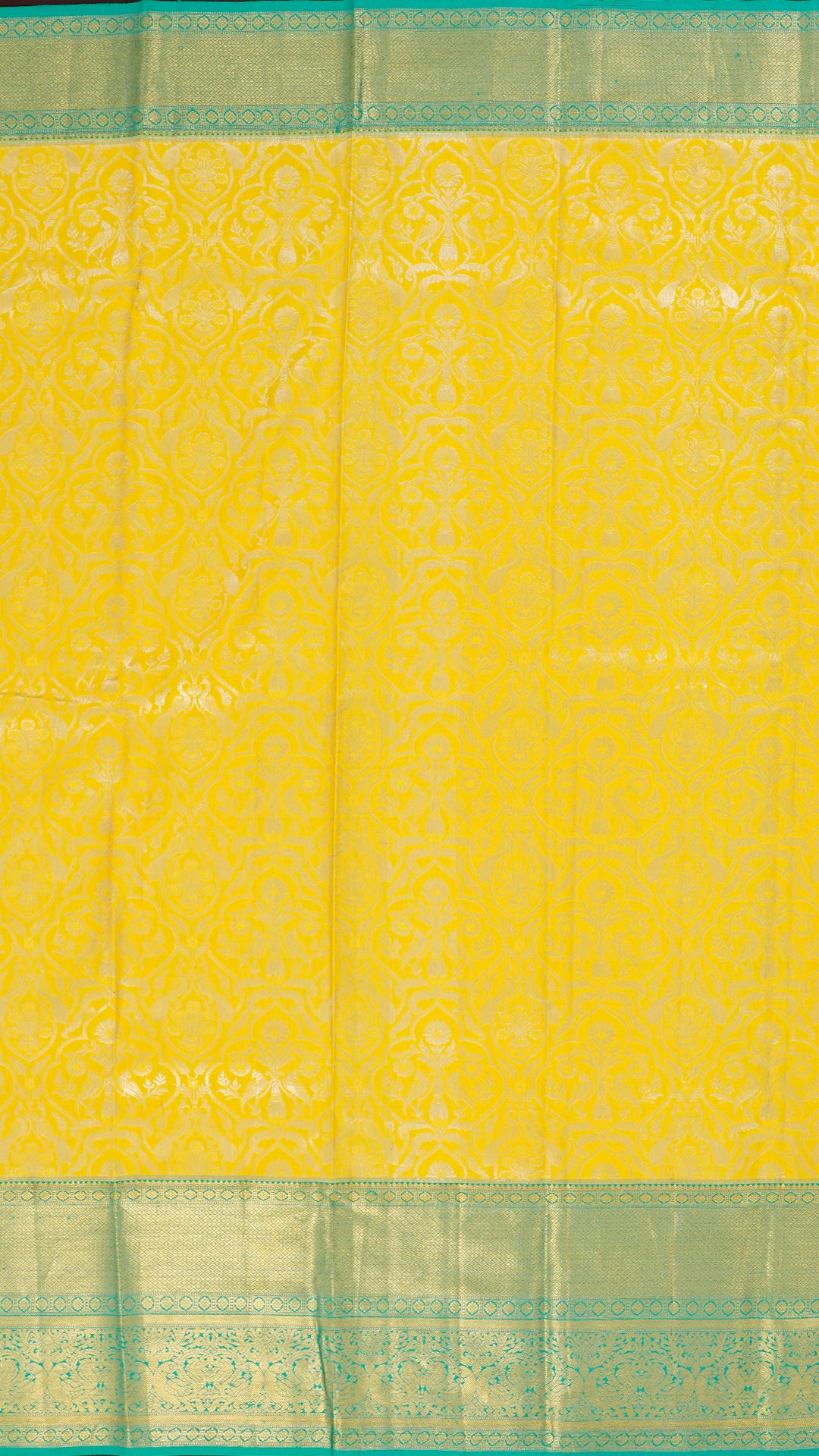 Lemon Yellow and Acqua Green Kanchipuram Silk Saree with Gold Zari | Traditional Big Border Saree