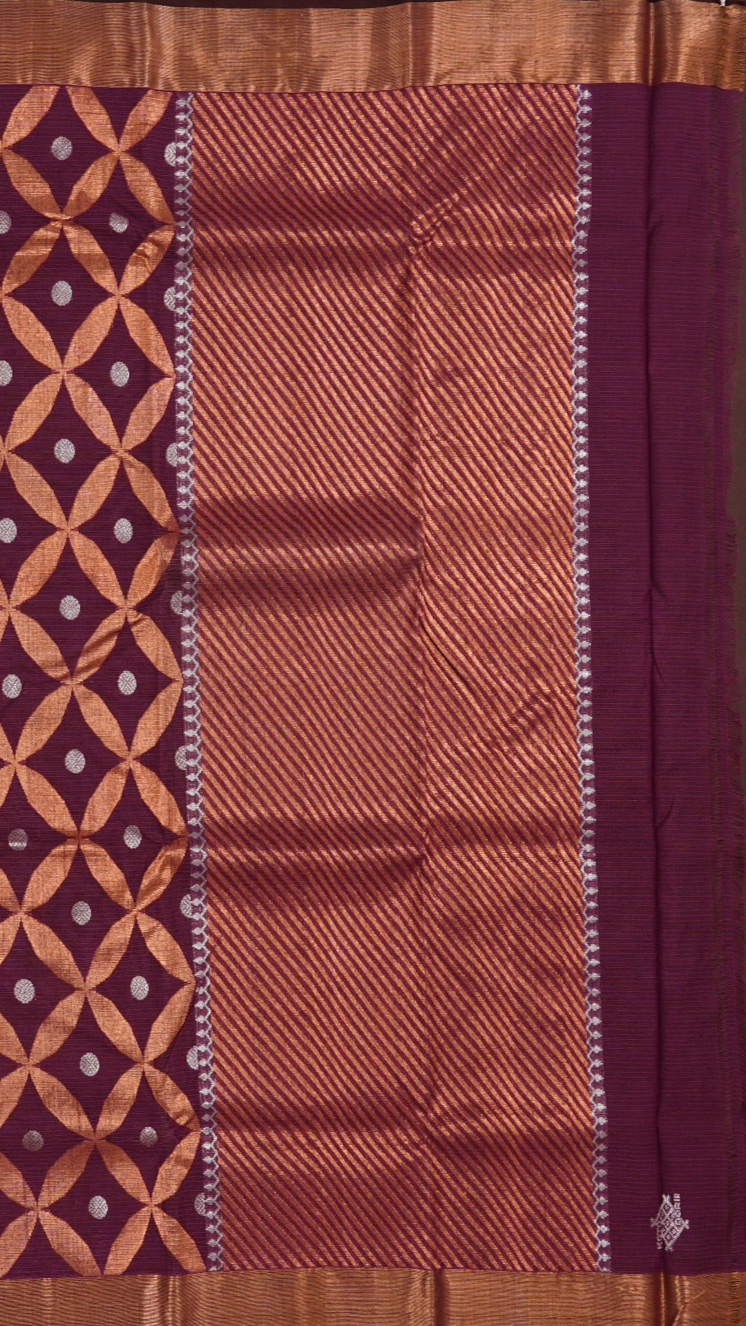 Wine Zari Kota Saree with Copper & Silver Buttas