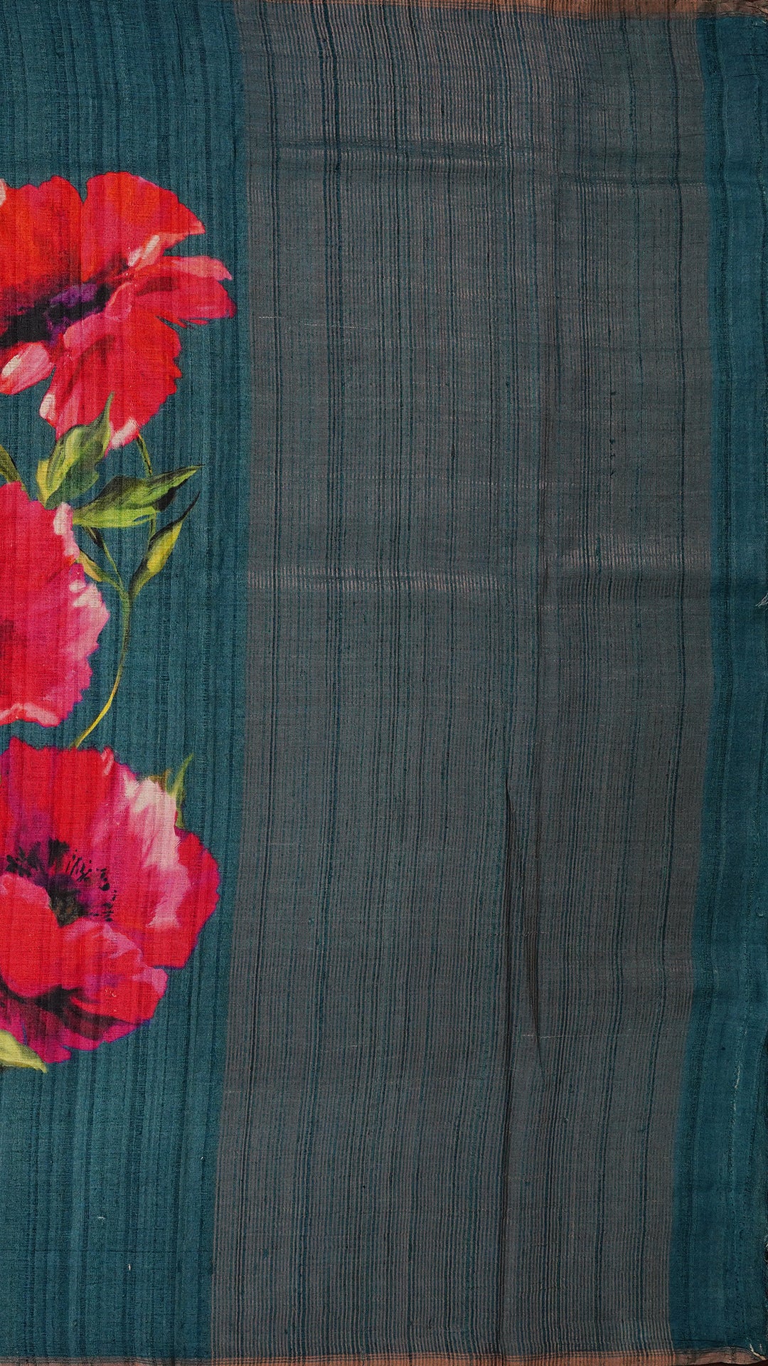 Peacock Green Tusser Silk Saree with Floral Print
