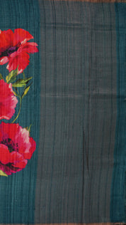 Peacock Green Tusser Silk Saree with Floral Print