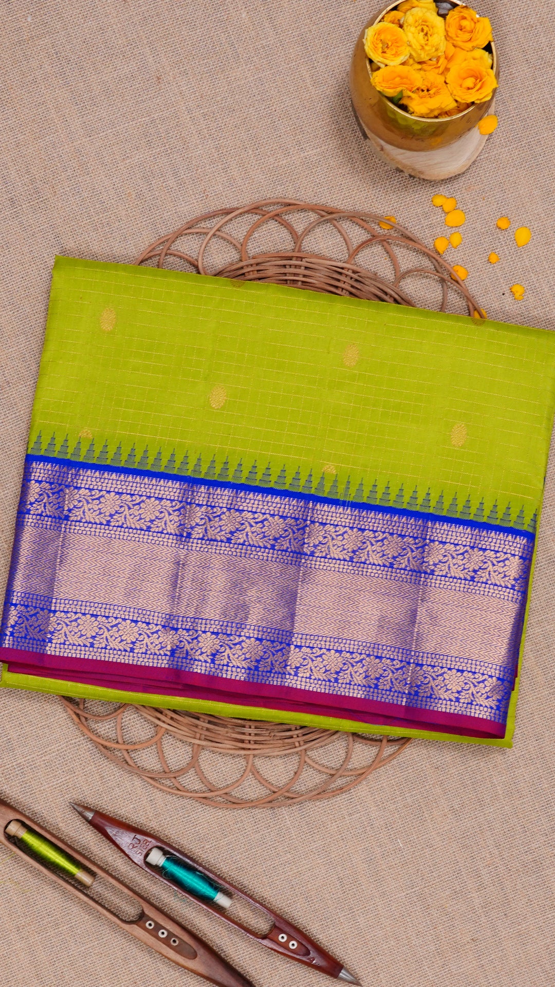 Parrot Green Gadwal Silk Saree with Gold Butta and Blue Zari Border