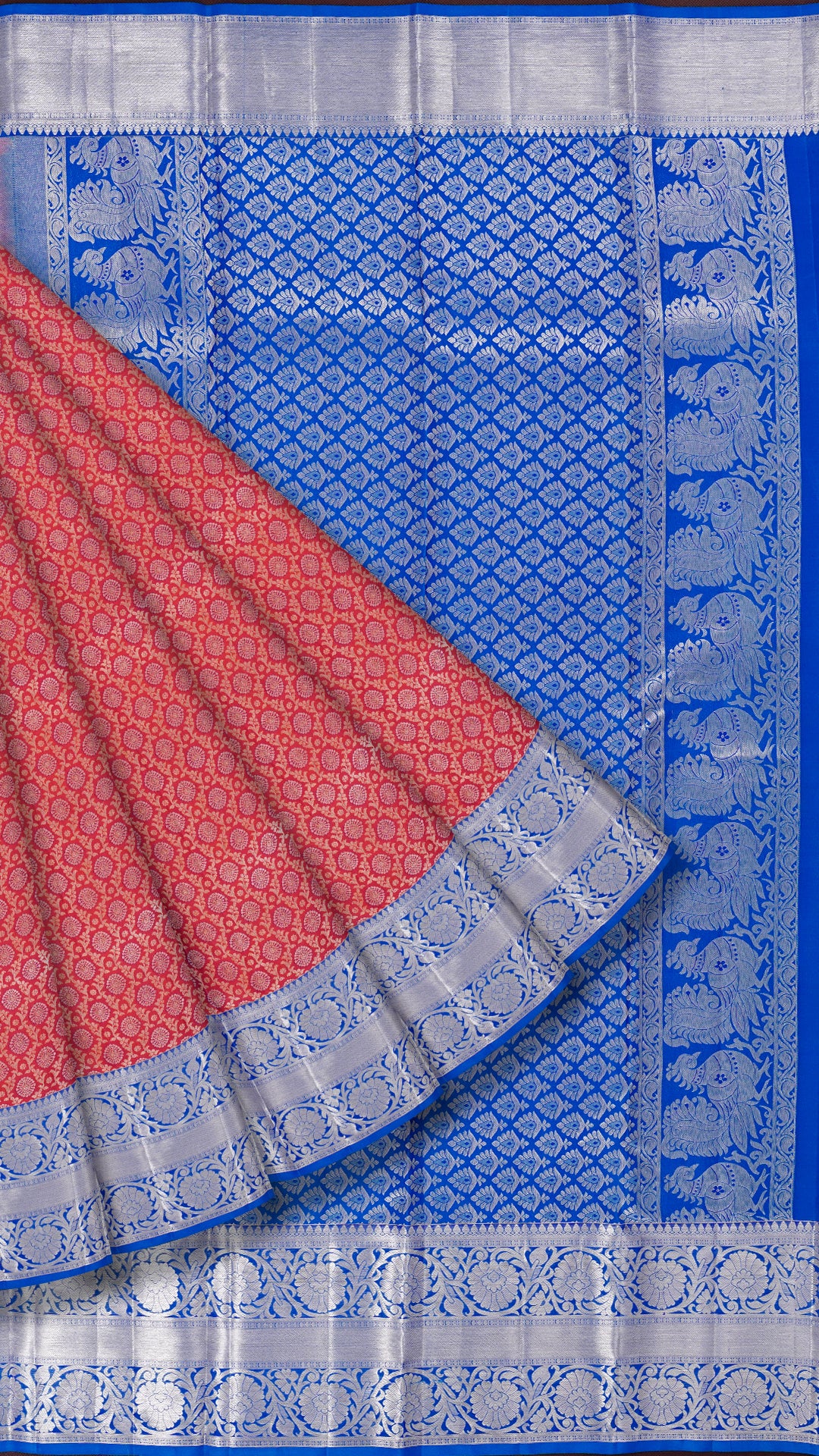 Dark Peach and Sulphide Blue Kanchipuram Silk Saree with Silver Zari Border | Traditional Medium Border Saree