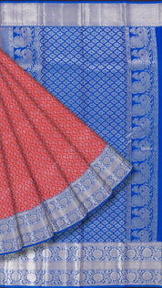 Dark Peach and Sulphide Blue Kanchipuram Silk Saree with Silver Zari Border | Traditional Medium Border Saree