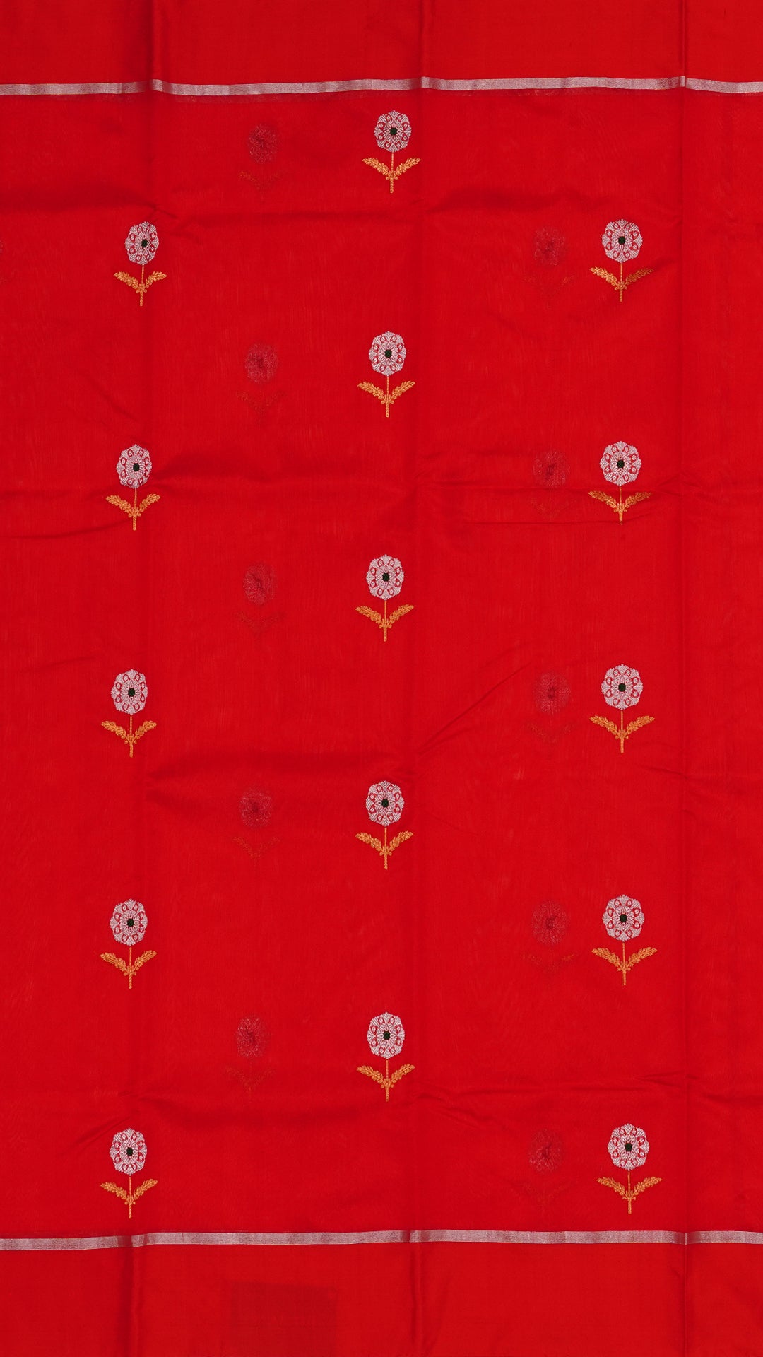 Bright Red Chanderi Silk Saree with Satin Self Border