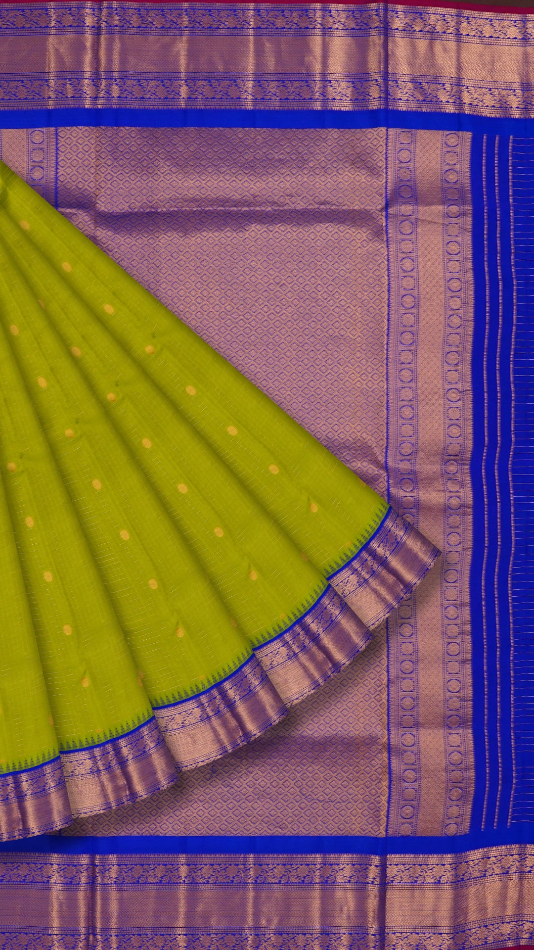Parrot Green Gadwal Silk Saree with Gold Butta and Blue Zari Border