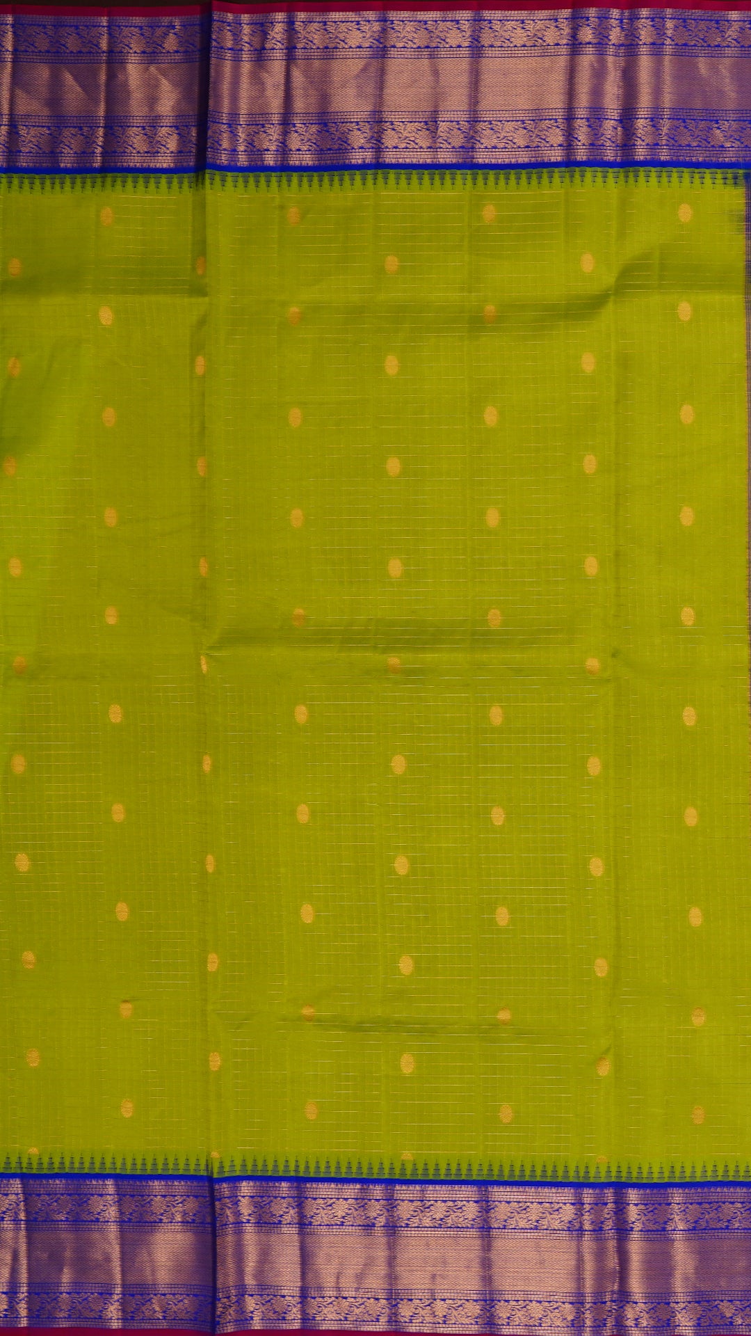 Parrot Green Gadwal Silk Saree with Gold Butta and Blue Zari Border