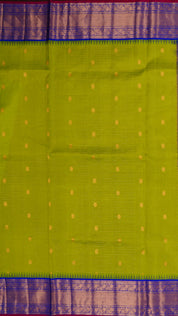 Parrot Green Gadwal Silk Saree with Gold Butta and Blue Zari Border
