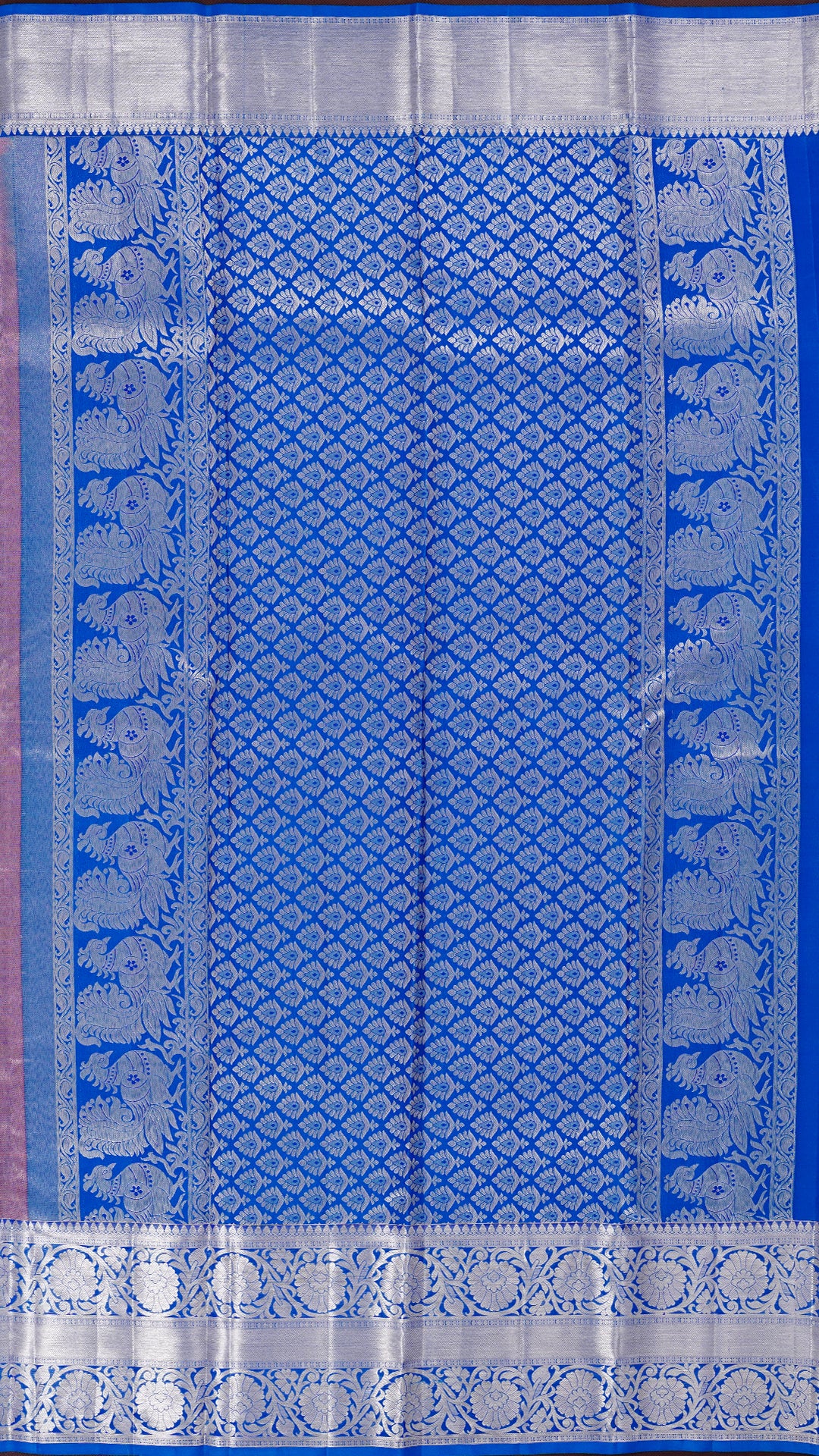 Dark Peach and Sulphide Blue Kanchipuram Silk Saree with Silver Zari Border | Traditional Medium Border Saree