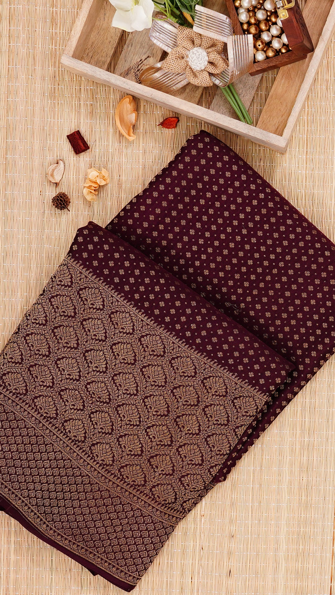 Coffee Brown Crepe Silk Saree with Silver Zari Border