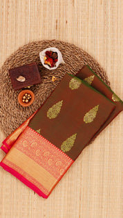 Reddish Brown Kanchipuram Saree with Pink Border