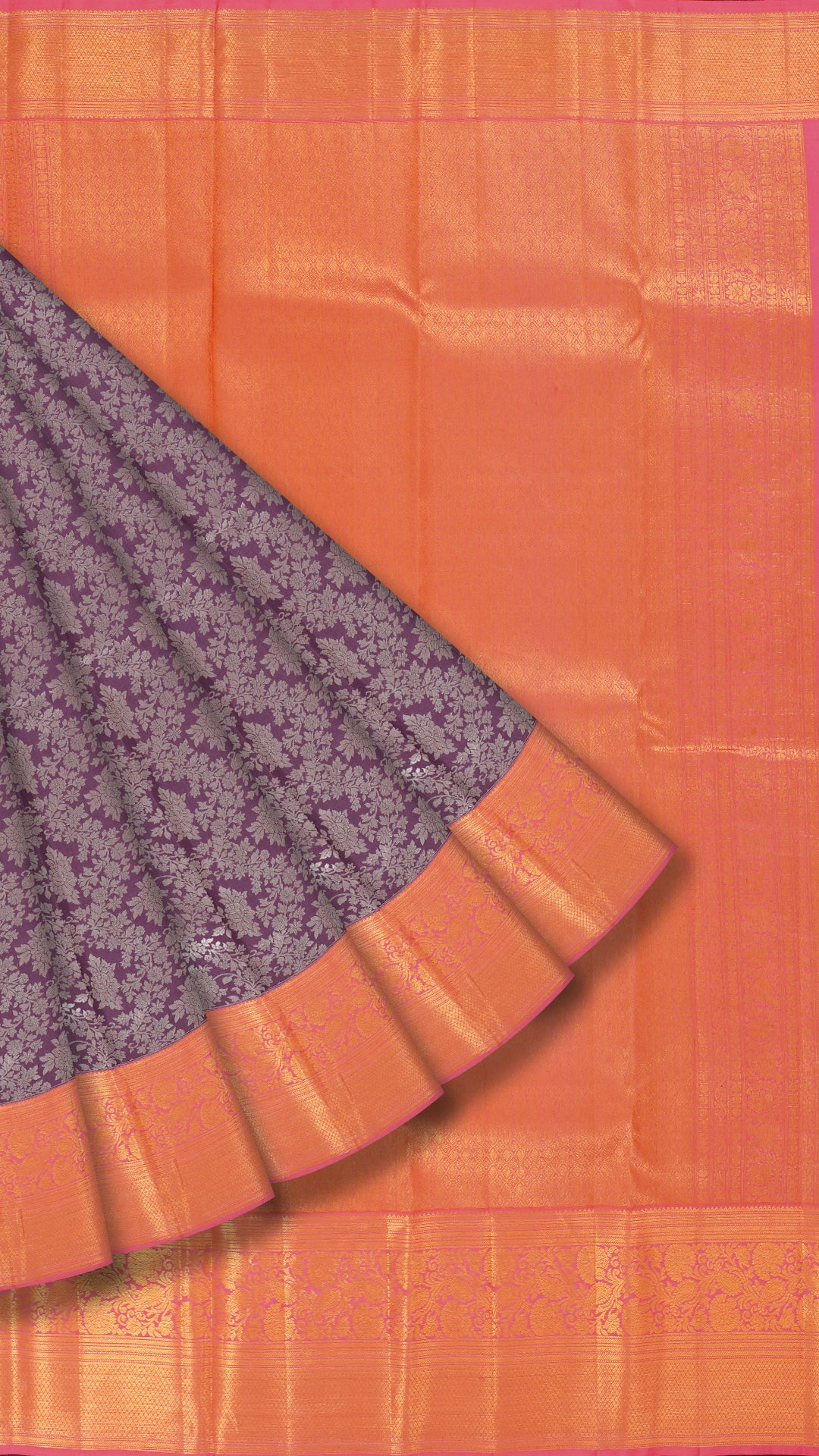 Mauve and Peach Kanchipuram Silk Saree with Silver Zari and Contrast Border | Medium Zari Saree