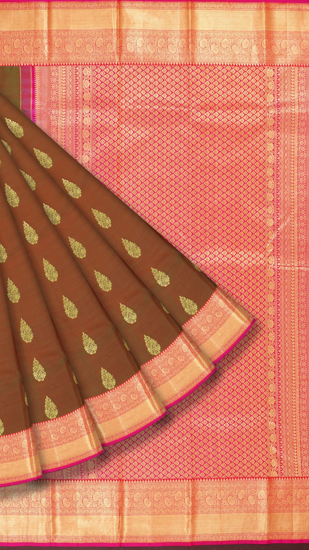 Reddish Brown Kanchipuram Saree with Pink Border