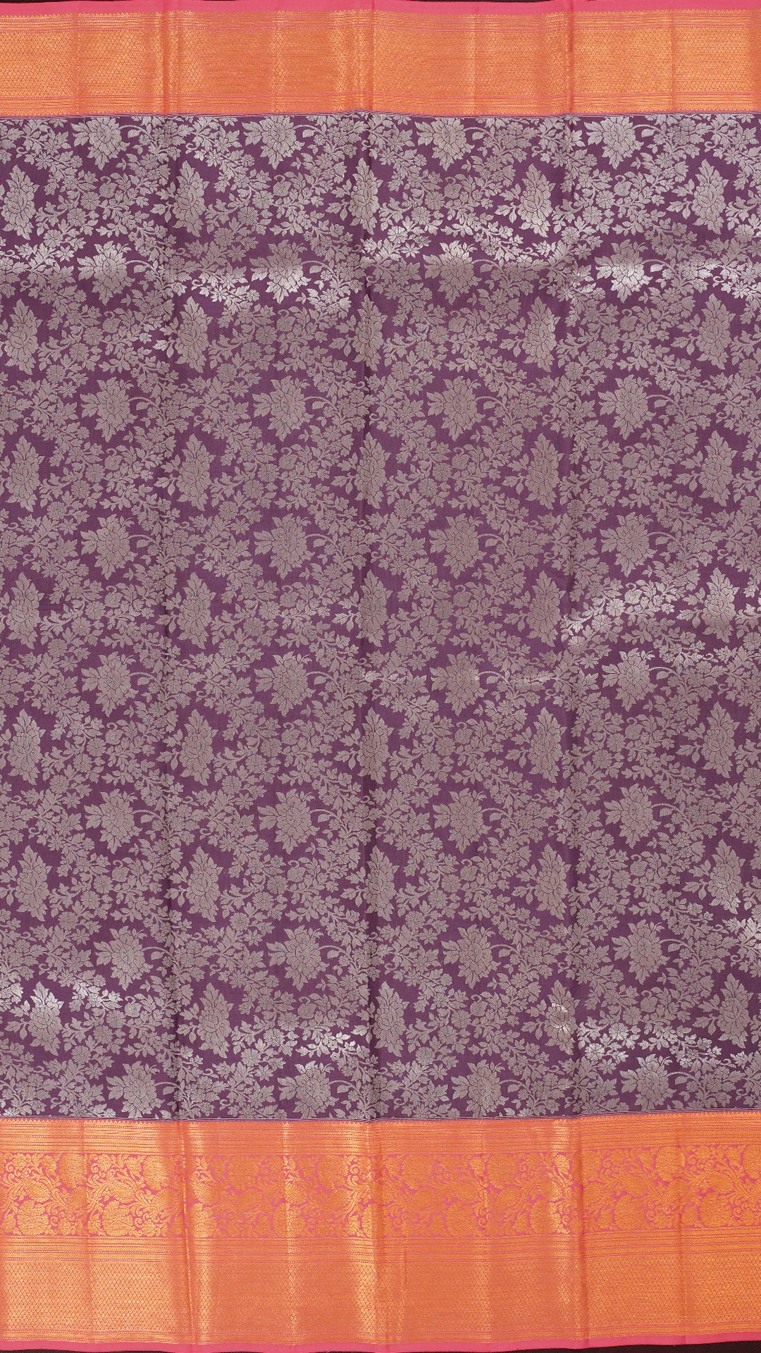 Mauve and Peach Kanchipuram Silk Saree with Silver Zari and Contrast Border | Medium Zari Saree