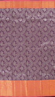 Mauve and Peach Kanchipuram Silk Saree with Silver Zari and Contrast Border | Medium Zari Saree