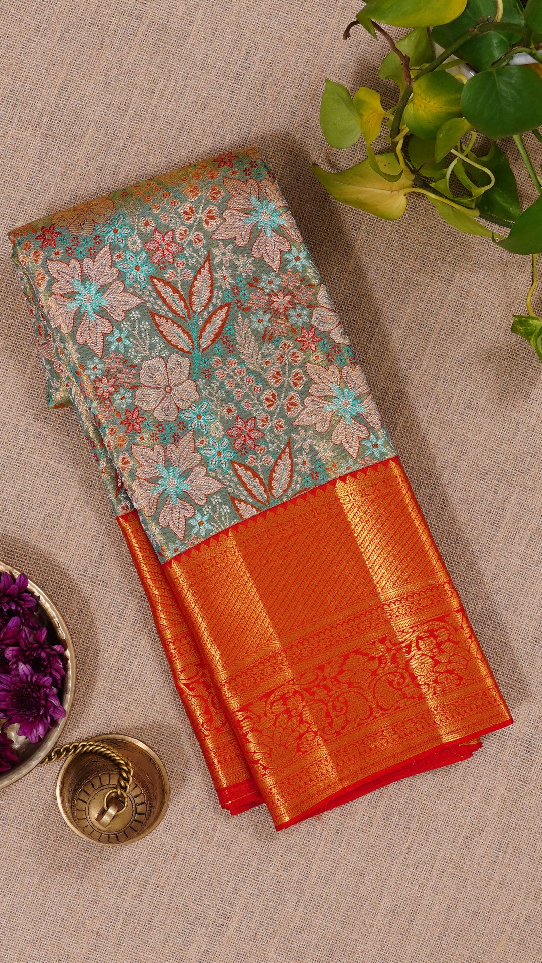 Mint Green Kanchipuram Silk Saree with Red Contrast Meenakar Border