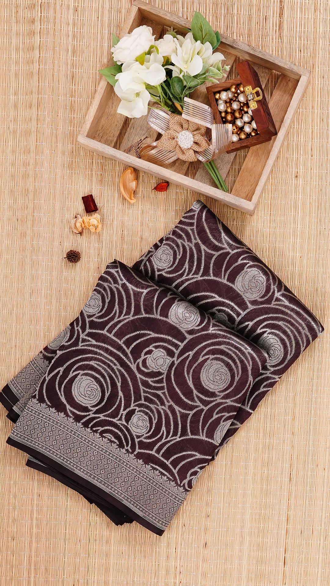 Coffee Brown Banaras Saree with Silver Zari Border