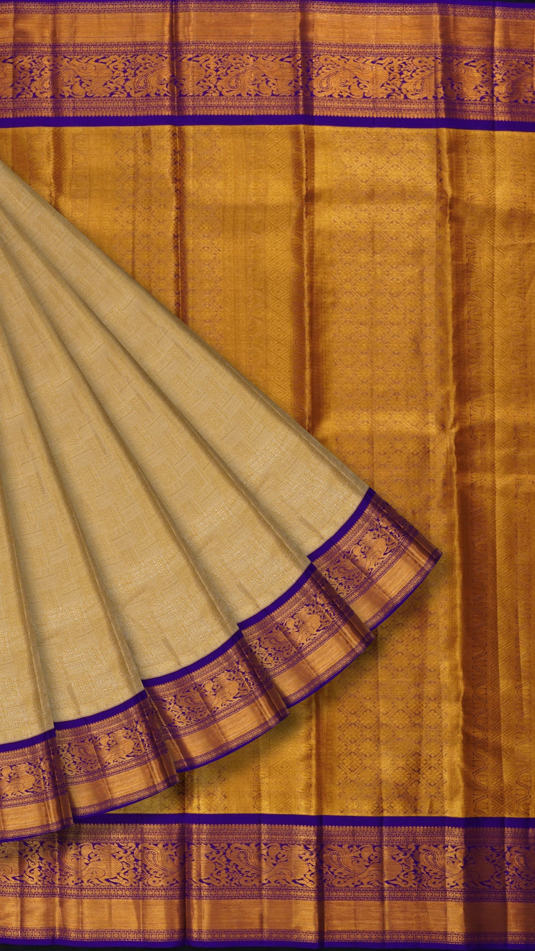 Regal Gold and Purple Silk Saree with Traditional Brocade Border