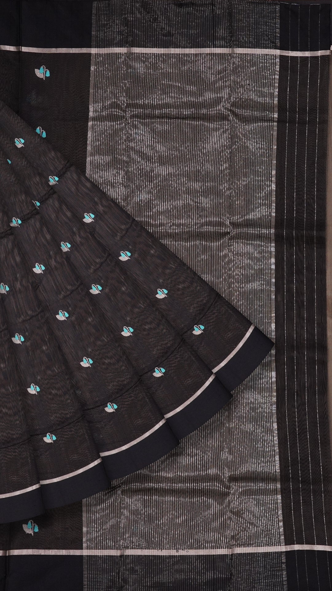 Black Chanderi Silk Saree with Black Butta & Self Border