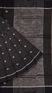 Black Chanderi Silk Saree with Black Butta & Self Border