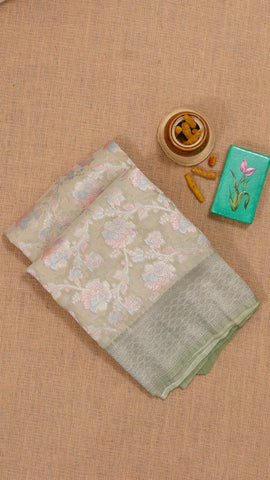 Pista Green Bhagalpur Silk Saree with Kaddi Border