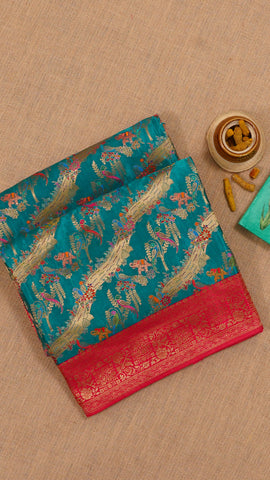 Rama Green Banaras Silk Saree with Contrast Border – Vaarahi Silks