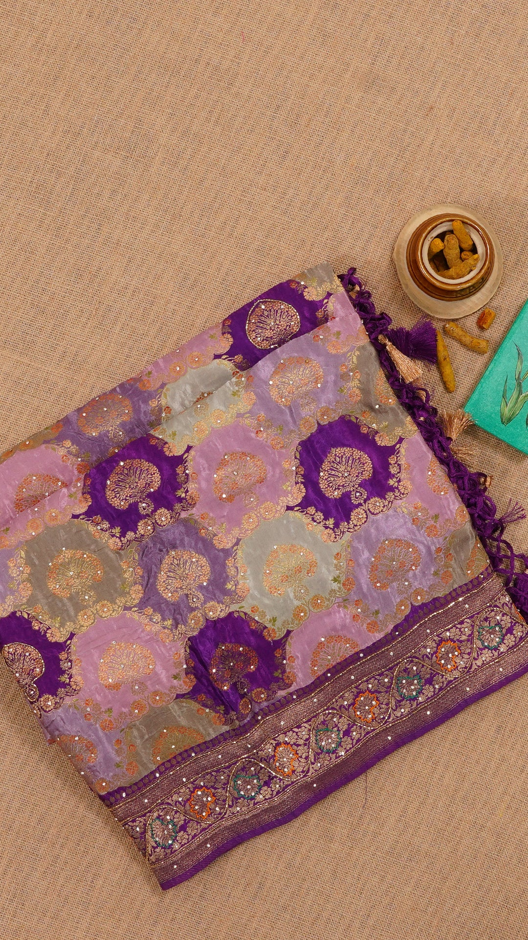 Violet Banaras Silk Saree with Contrast Border Work