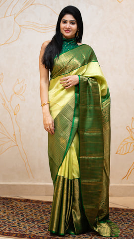 Pista Green Kanchi Pattu Saree with Bottle Green Zari Border