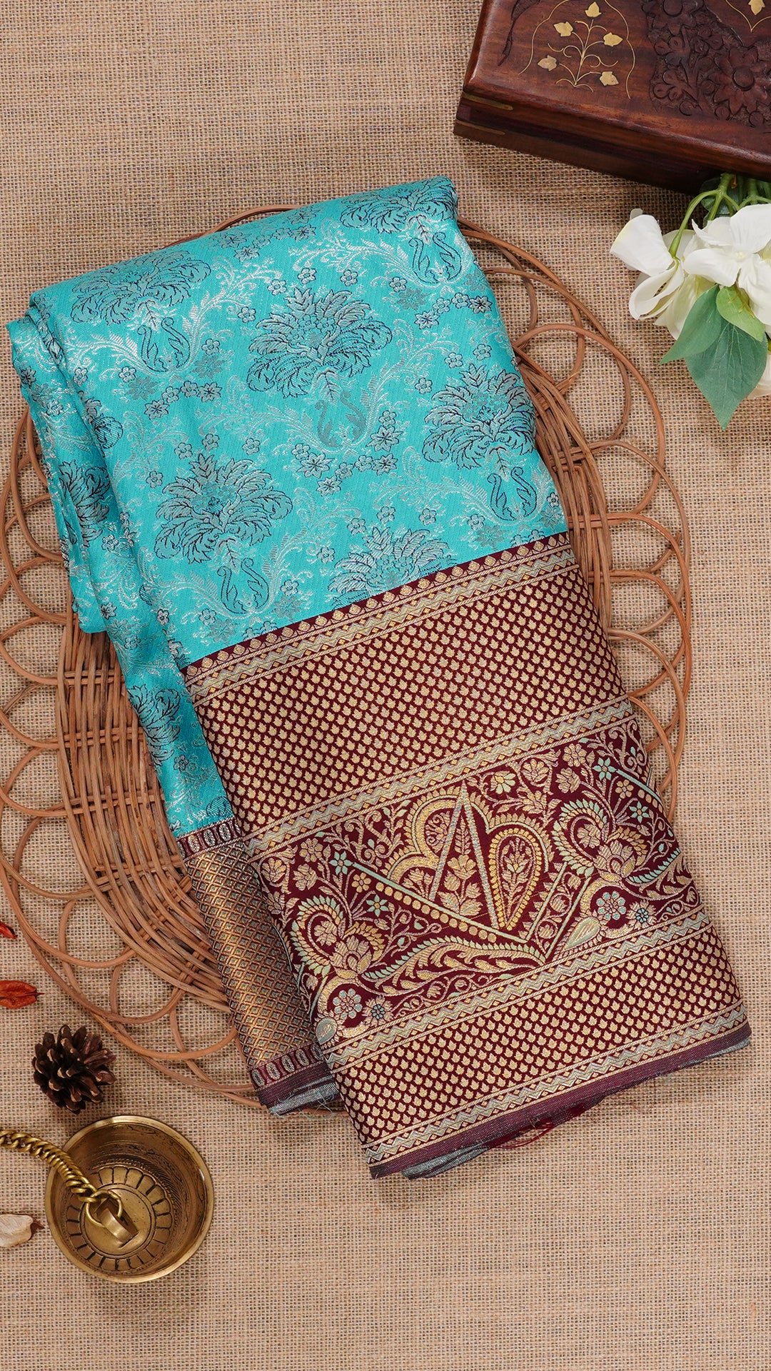 Light Blue Kanchipuram Silk Saree with Burnt Maroon Border