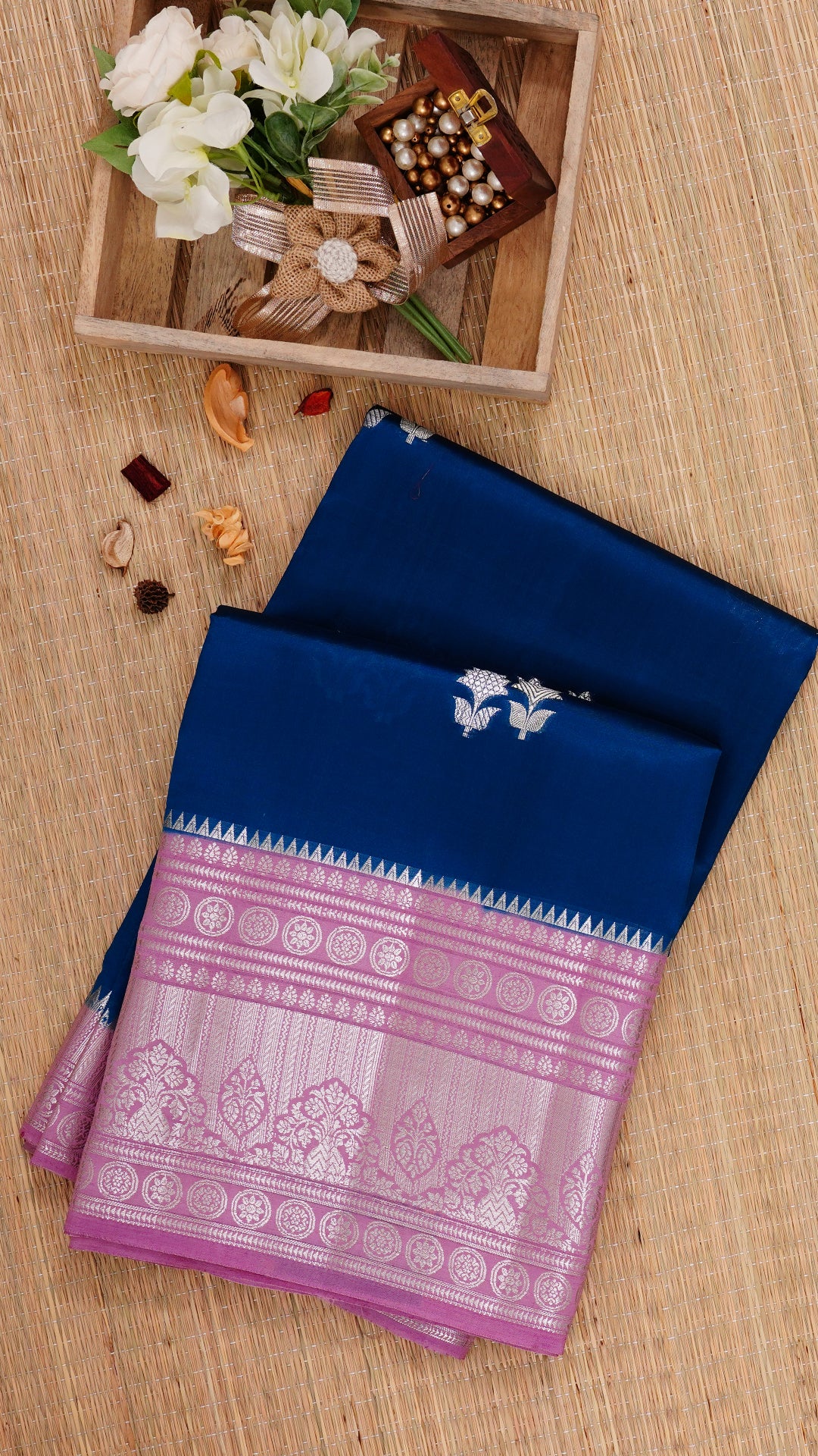 Peacock Blue Chiniya Silk Saree with Lavender Contrast Border