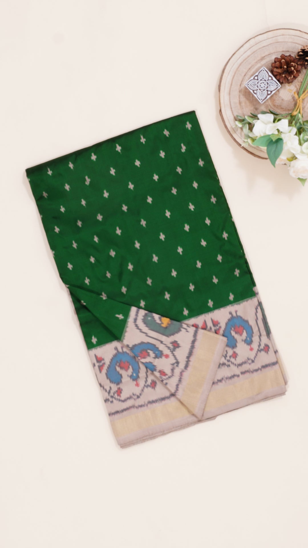 Bottle Green Ikkat Silk Saree with Matte Beige Paithani Border