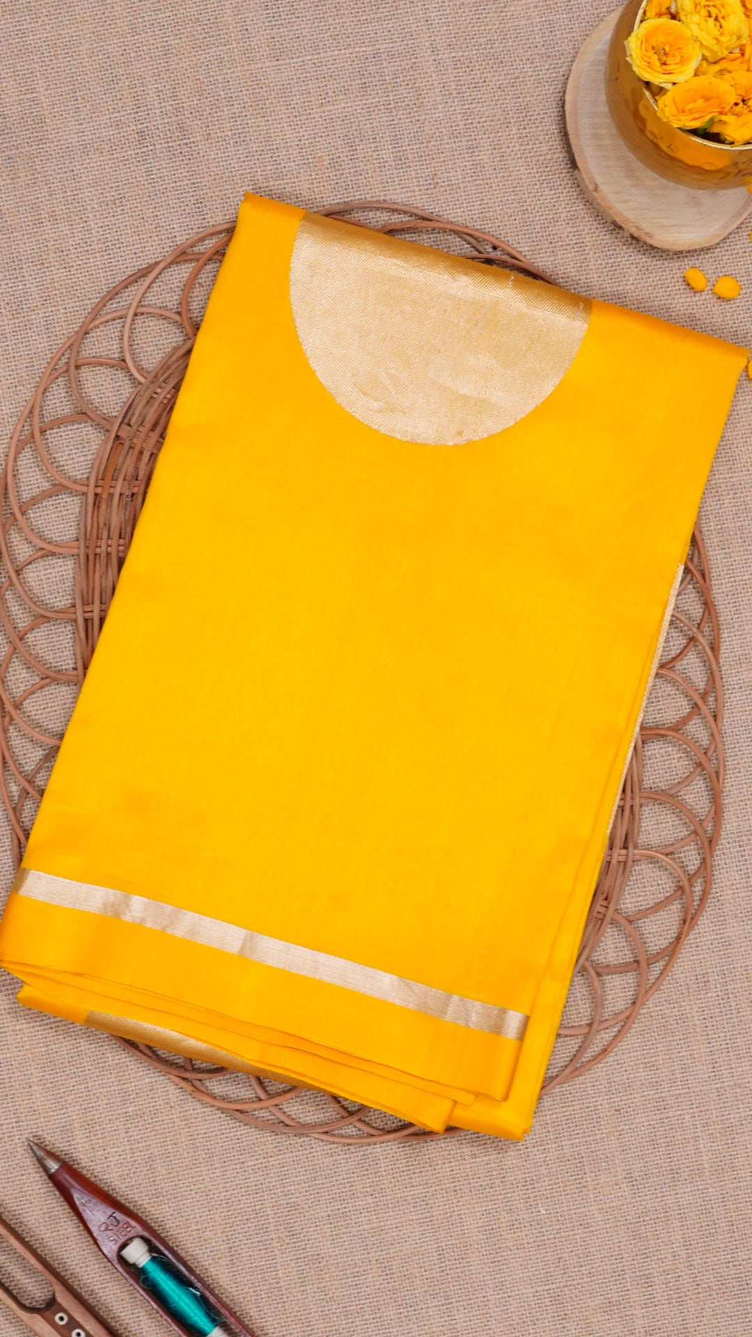 Radiant Yellow Banaras Silk Saree with Gold Big Buttas & Kadi Border
