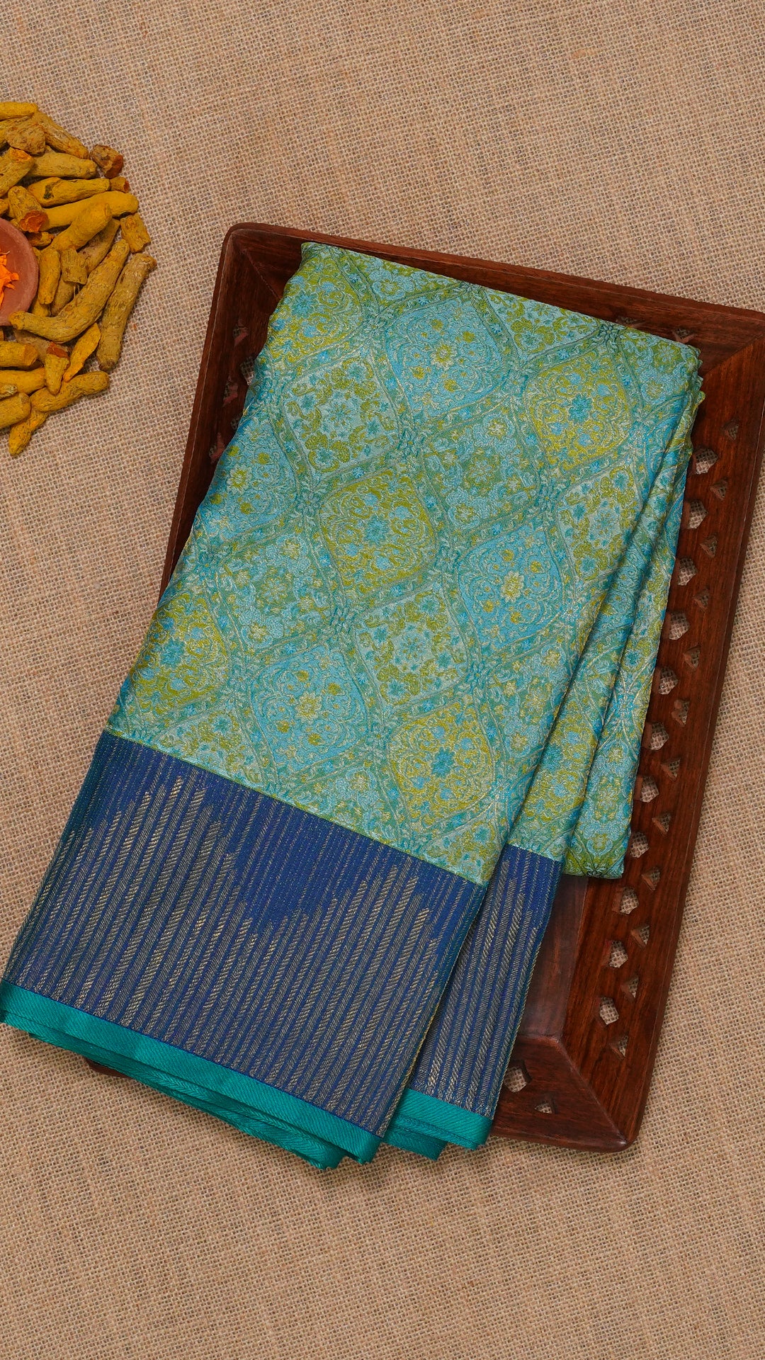 Aqua Blue Kanchi Pattu Saree with Temple Border