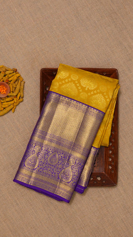 Mustard Yellow Kanchi Pattu Saree with Blue Zari Border