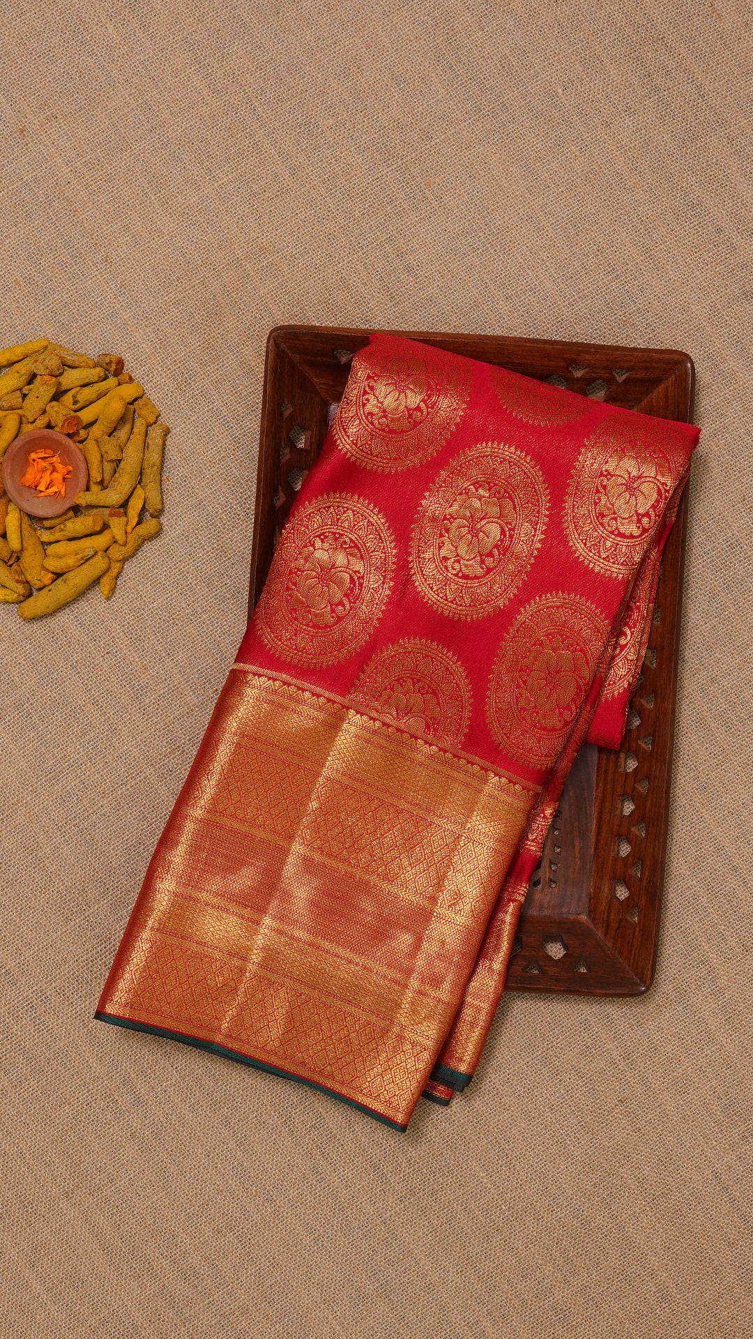 Red Kanchi Pattu Saree with Zari Border & Big Buttes