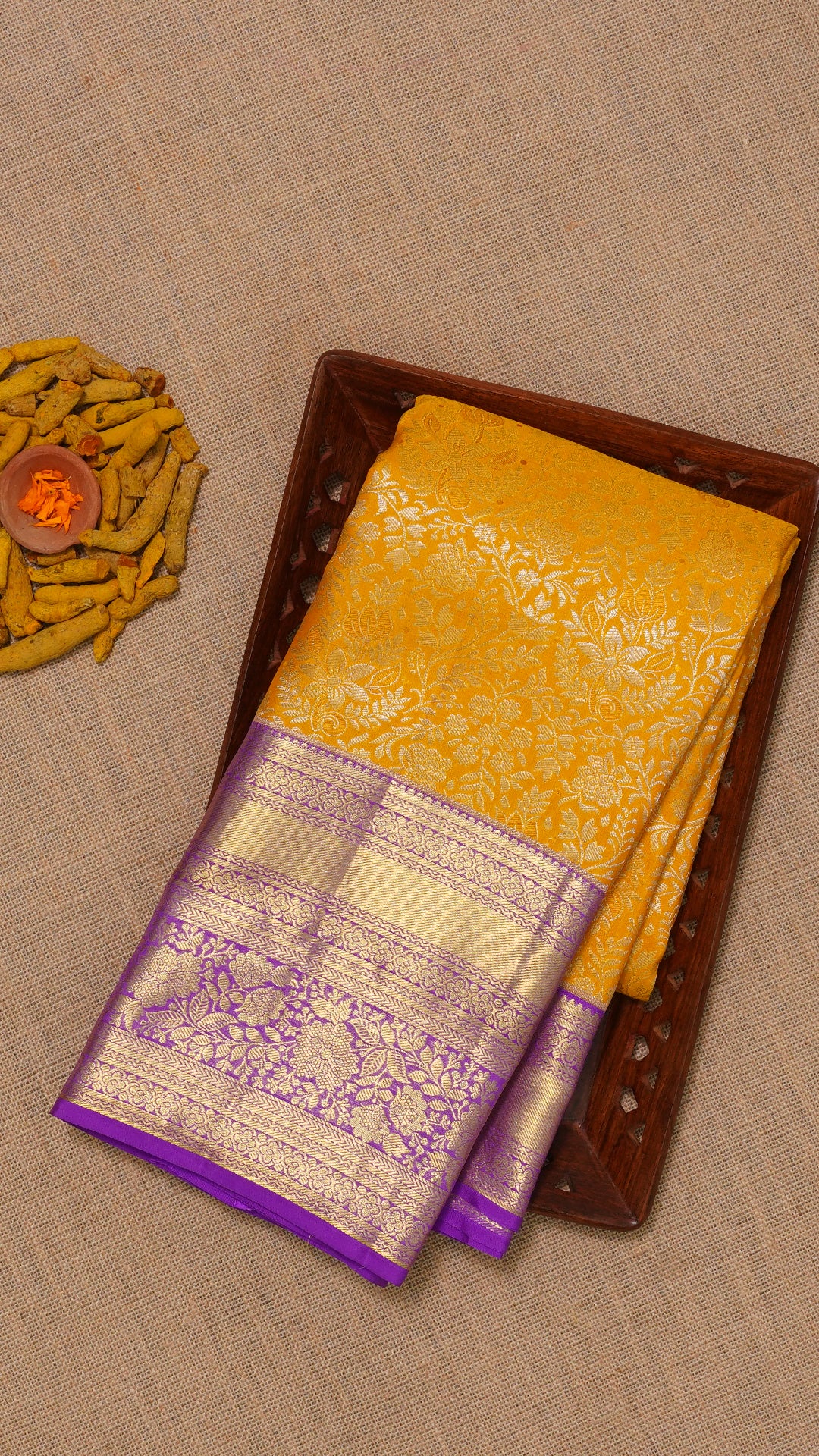 Yellow Kanchi Pattu Saree with Purple Zari Border