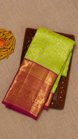 Lime Green Kanchi Pattu Saree with Maroon Zari Border