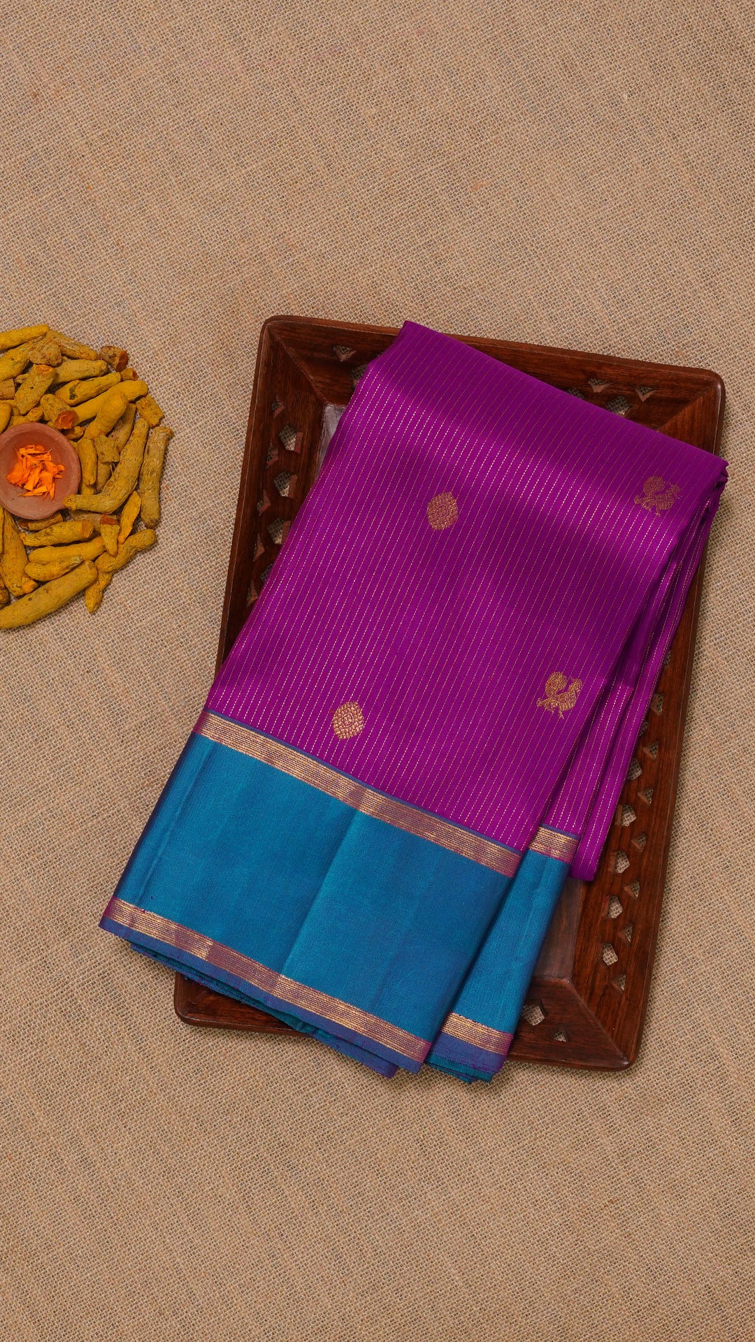 Purple Kanchi Pattu Saree with Sulphate Blue Gap Border