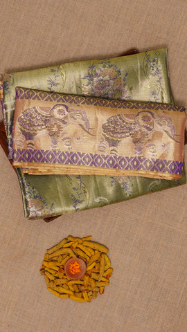 Snuff Kanchi Pattu Saree with Orange Tissue Elephant Border