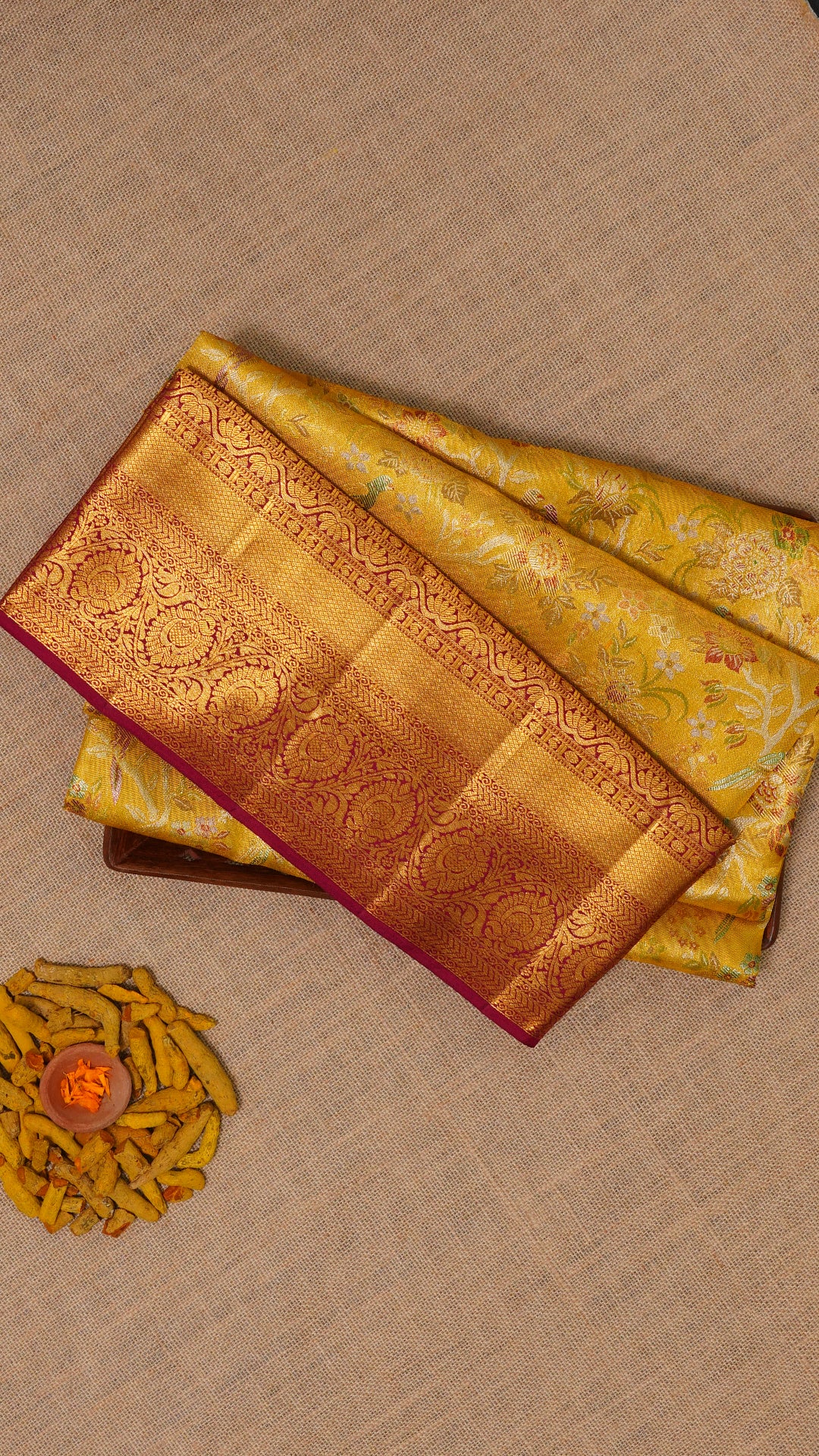 Mustard Yellow Kanchi Pattu Saree with Maroon Zari Border
