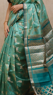 Aqua Blue Chiniya Silk Saree with Peacock Blue Contrast
