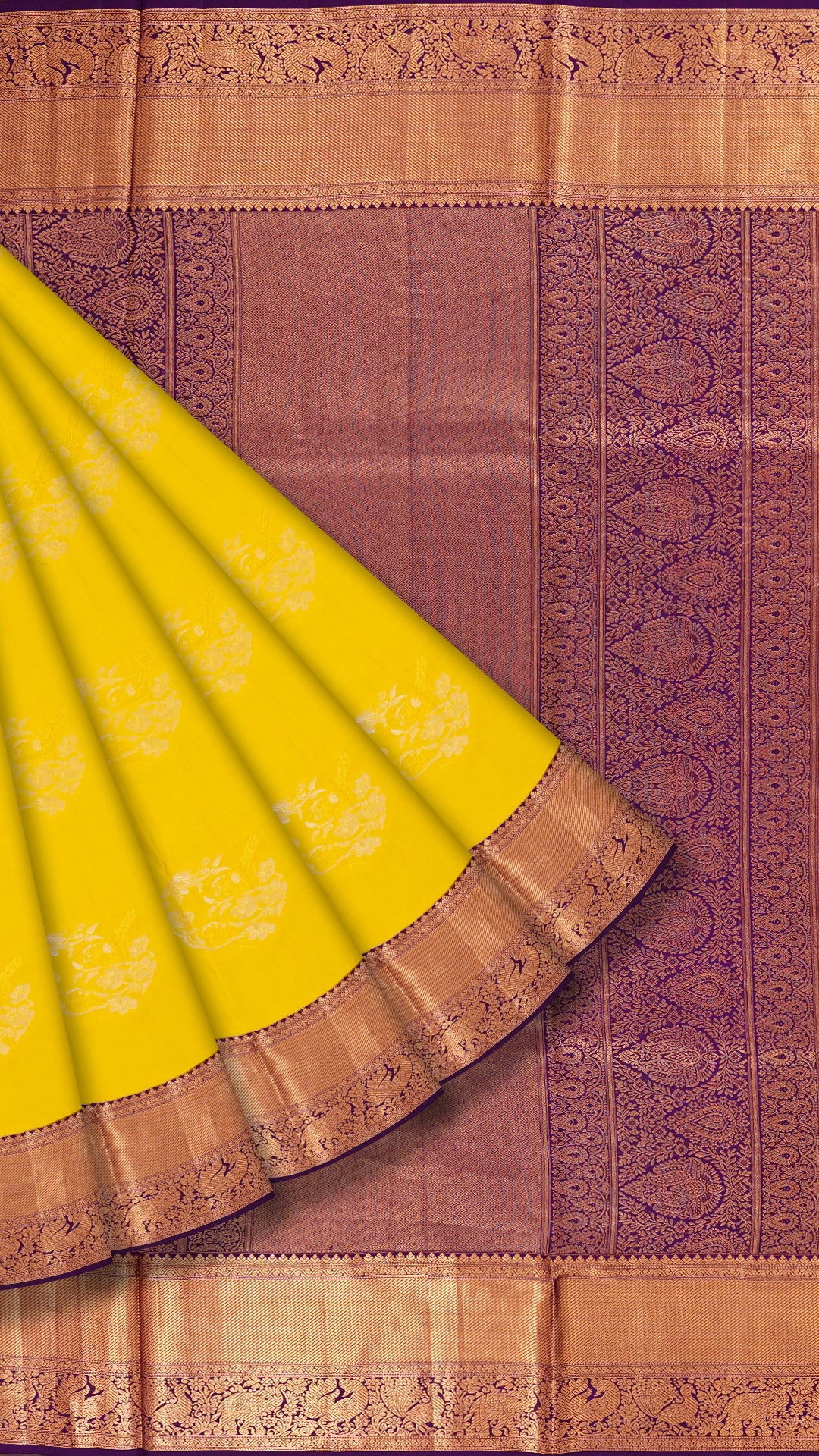Bright Yellow Kanchipuram Saree with Dark Purple Pallu
