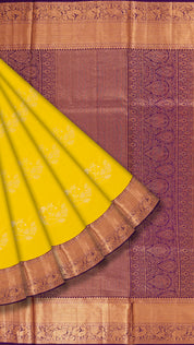 Bright Yellow Kanchipuram Saree with Dark Purple Pallu